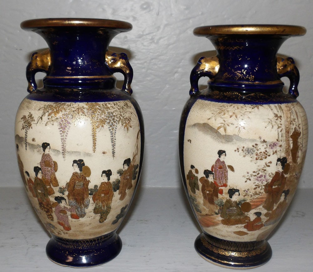 Pair of Antique Satsuma Porcelain Vases: Pair of Antique Satsuma Porcelain Vases. 8 3/4" H 4 1/2" Dia