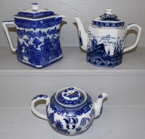 Three Oriental Blue & White Tea Pots