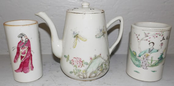 Two Antique Oriental Paint Decorated Vases & Tea Pot