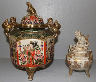 Two Antique Satsuma Porcelain Covered Urns with Foo Dog Finials