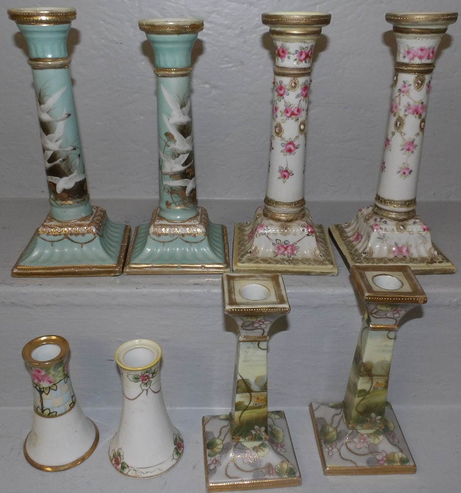Lot of Hand Painted Nippon Porcelain Candlesticks: Lot of Hand Painted Nippon Porcelain Candlesticks. 9 1/4" H 4 1/4" Dia