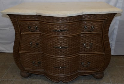 Modern Rattan & Marble Top Three Drawer Chest