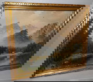 Antique Framed Oil On Canvas Alpine Scene Artist Signed