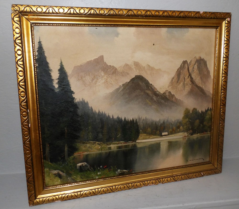 Antique Framed Oil On Canvas Alpine Scene Artist Signed (1 of 5)