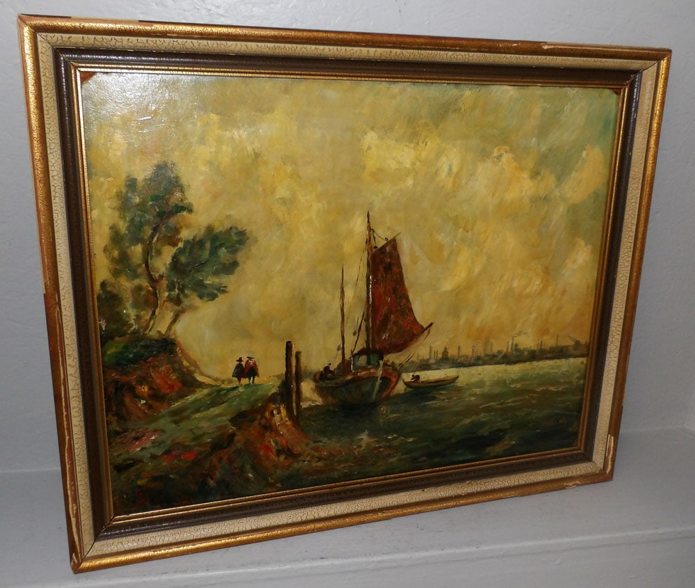 Framed Oil On Board Boat Dock Scene Artist Signed (1 of 5)