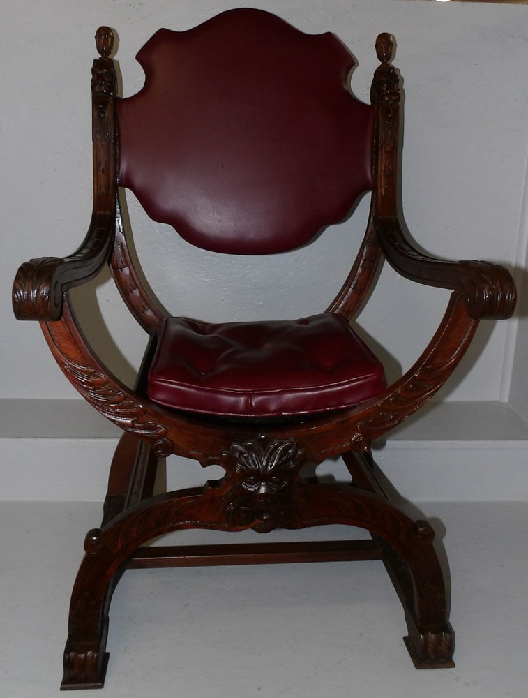 Antique Carved Walnut Savonarola Chair: Antique Carved Walnut Savonarola Chair. 40" H 24" Dia.