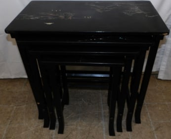 Oriental Black Lacquered Mother Pearl Inlay Nesting Tables