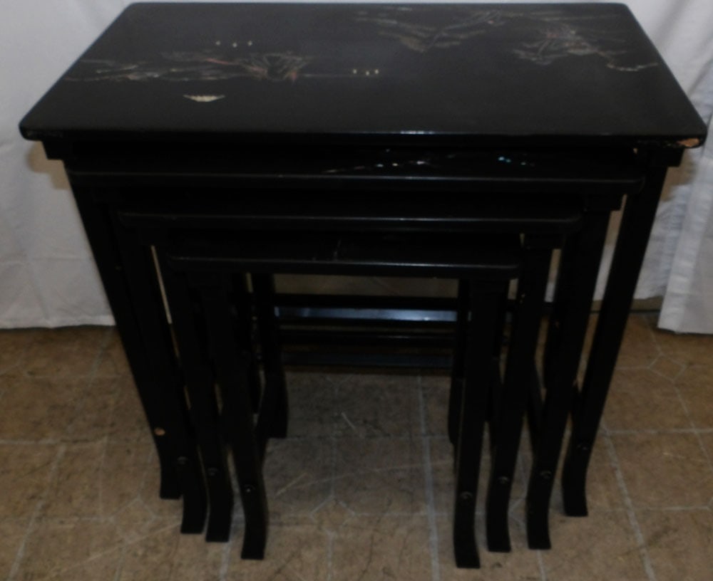 Oriental Black Lacquered Mother Pearl Inlay Nesting Tables: Oriental Black Lacquered Mother Pearl Inlay Nesting Tables. 26" H 26 1/4" W 14 3/4" D