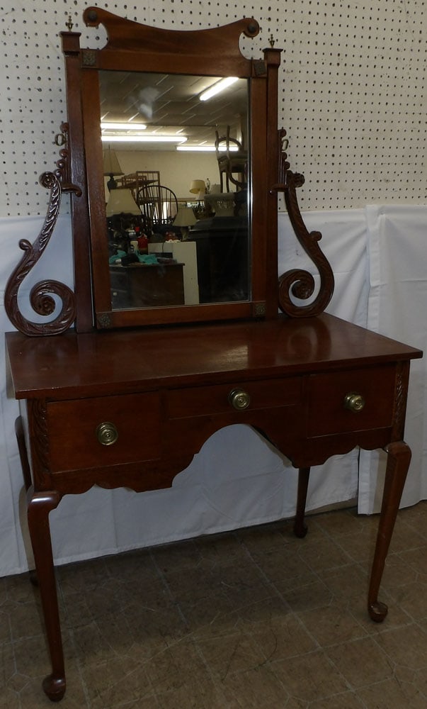 Carved Mahogany Dressing Table: Carved Mahogany Dressing Table. 62 1/2" H 37 3/4" W 21" D