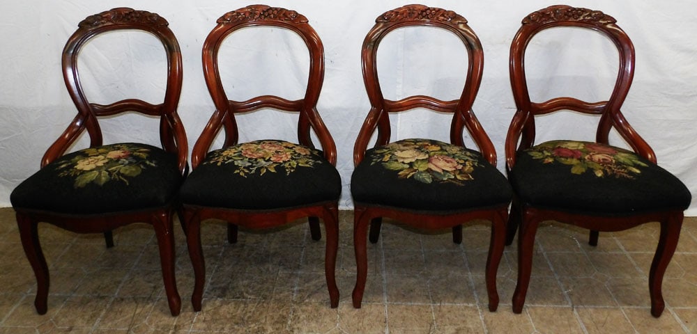 Set Four Carved Mahogany Victorian Dining Chairs With Needlepoint Seats (1 of 5)