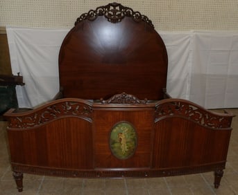 Antique Walnut & Burl Yew Wood Inlay Full Size Bed With Hand Painted Cameo Panel With Rails & Bolts