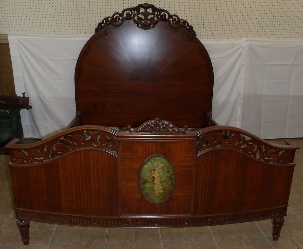 Antique Walnut & Burl Yew Wood Inlay Full Size Bed With Hand Painted Cameo Panel With Rails & Bolts (1 of 5)