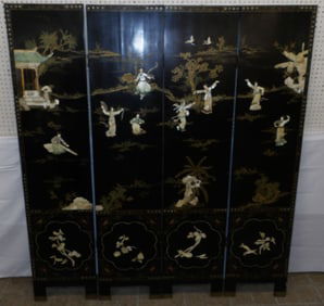 Oriental Hand Painted Black Lacquered Mother Of Pearl High Relief Four Panel Room Divider
