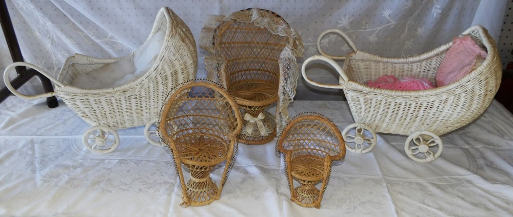 Lot Wicker Doll Stroller & Furniture (1 of 4)