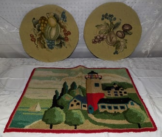 Lot Hook Rug & Two Hook Rug Chair Cushions
