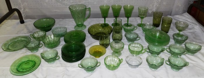 Lot Depression Vaseline Glass & Green Colored Glass