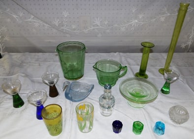 Lot Green Depression Vaseline Glass & Miscellaneous Glassware