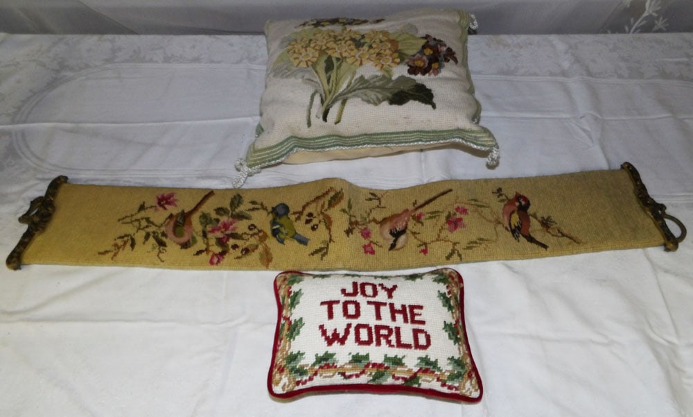 Lot Needlepoint Brass Pull & Pillows (1 of 3)