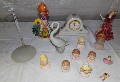 Lot Porcelain Figures & Doll Heads - Mantle Clock