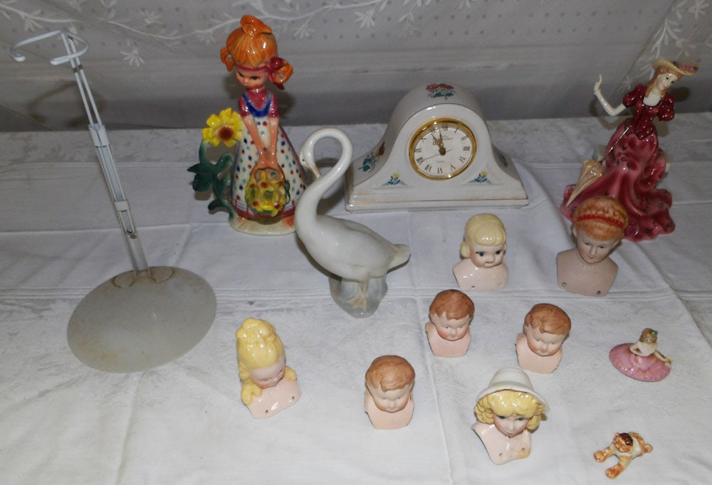 Lot Porcelain Figures & Doll Heads - Mantle Clock (1 of 3)