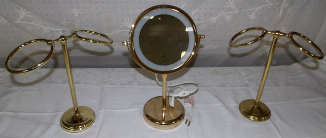 Lot Two Brass Dresser Stands & Mirror