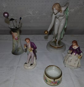 Lot Painted Porcelain Figurines - Victorian Hat Pin Holder - German Porcelain Figure