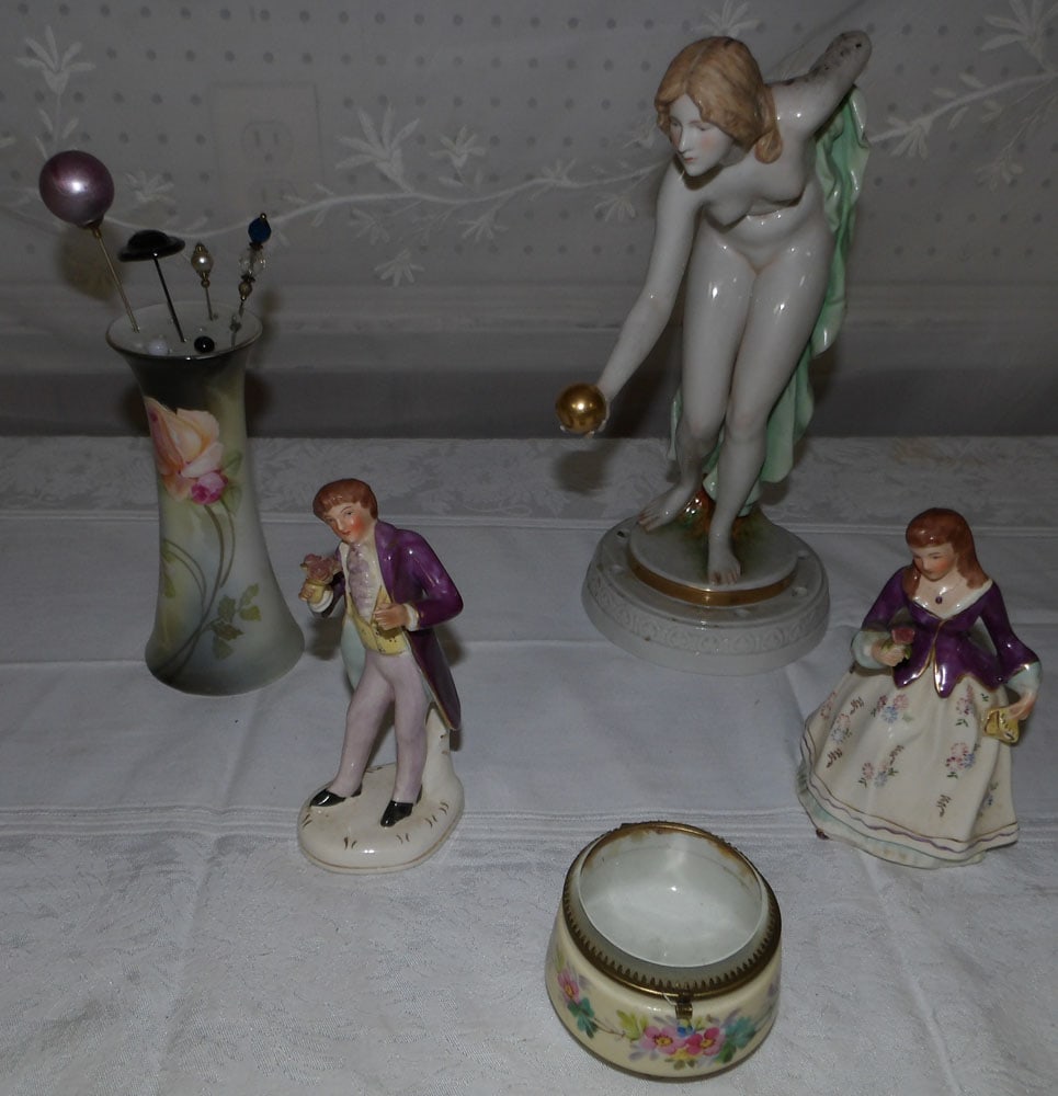 Lot Painted Porcelain Figurines - Victorian Hat Pin Holder - German Porcelain Figure (1 of 3)