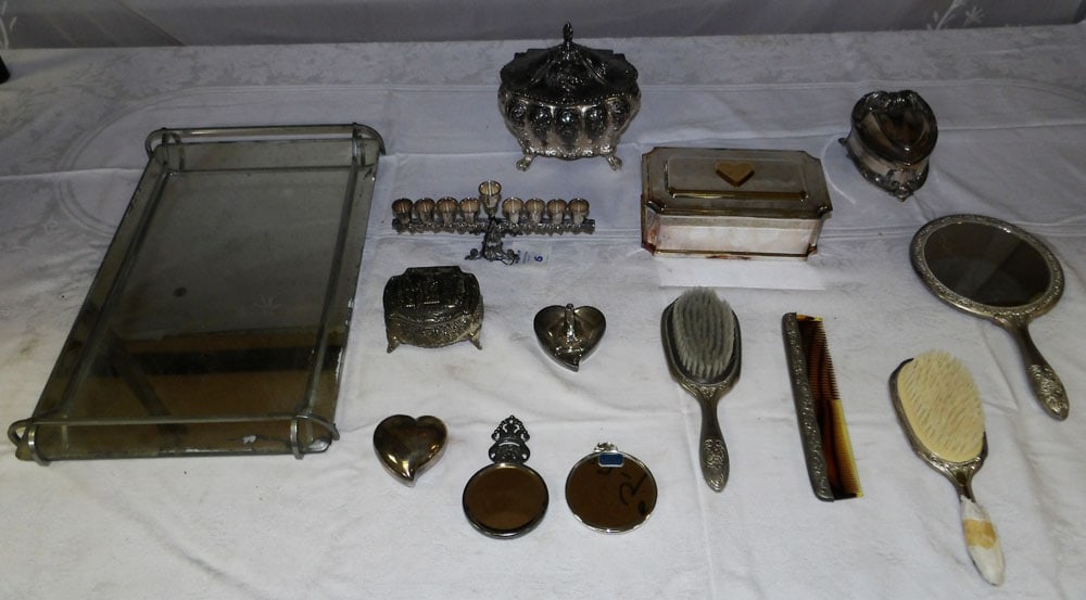 Lot Silver Plate Dresser Items: Lot Silver Plate Dresser Items. Up to 16" W 10" D ALL DESCRIPTIONS AND ANY CONDITION STATEMENT GIVEN BY LANGSTON AUCTION GALLERY ARE STRICTLY OPINIONS AND LANGSTON'S SHALL HAVE NO RESPONSIBILITY FOR E
