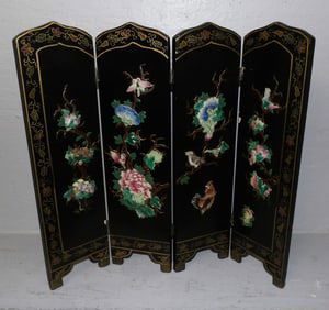 Oriental Table Top Screen With Carved Soapstone High Relief