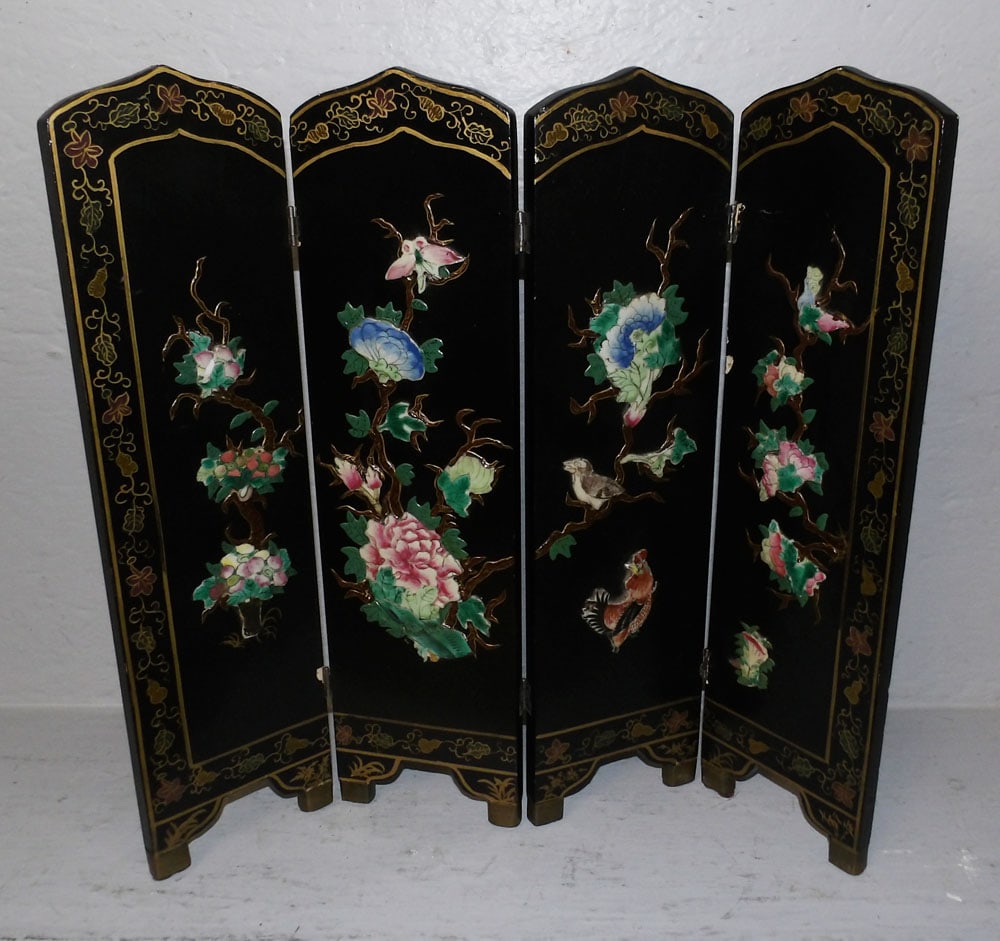 Oriental Table Top Screen With Carved Soapstone High Relief (1 of 3)