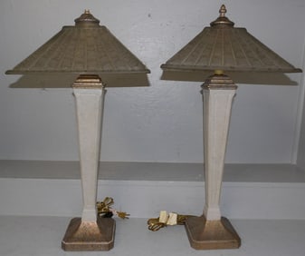 Pair Lamps With Painted Metal & Glass Shades