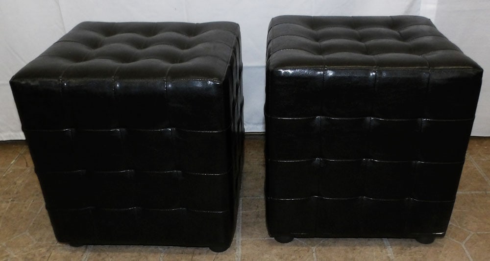 Pair of Vinyl Upholstered Ottomans: Pair of Vinyl Upholstered Ottomans. 15" H 13 1/2" Dia. ALL DESCRIPTIONS AND ANY CONDITION STATEMENT GIVEN BY LANGSTON AUCTION GALLERY ARE STRICTLY OPINIONS AND LANGSTON'S SHALL HAVE NO RESPONSIBILITY 