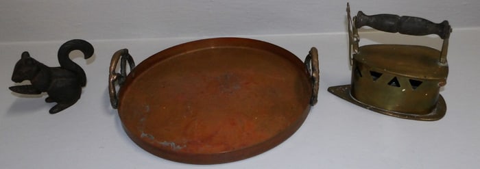 Antique Copper Tray, Brass Coal Iron, & Cast Iron Squirrel Nutcracker