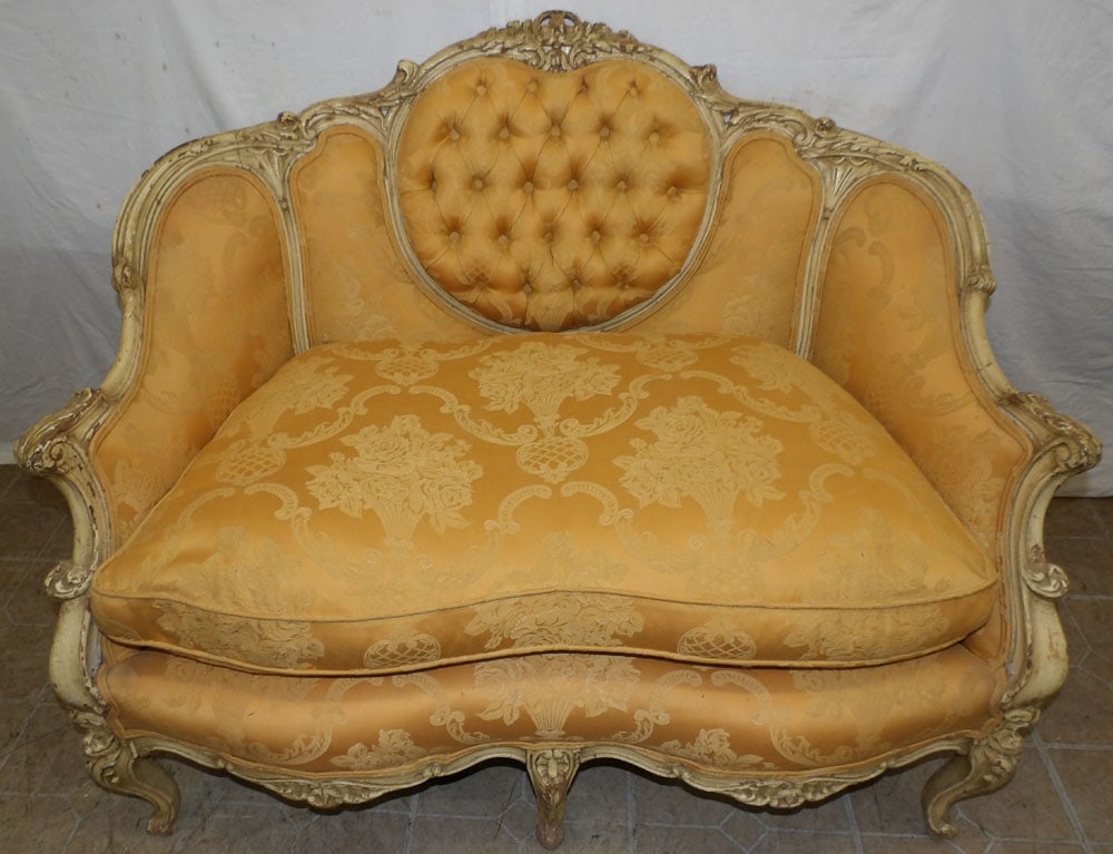 Antique French Painted Carved Wood Loveseat with Down Cushion: Antique French Painted Carved Wood Loveseat with Down Cushion . 33 1/2" H 45" W 31" D ALL DESCRIPTIONS AND ANY CONDITION STATEMENT GIVEN BY LANGSTON AUCTION GALLERY ARE STRICTLY OPINIONS AND LANGSTON'