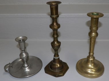 Two Brass & One Pewter Candlesticks
