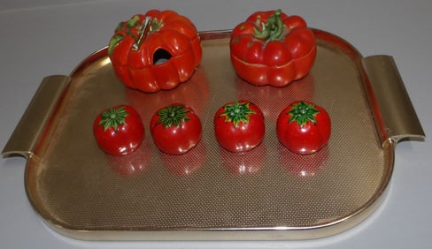Lot of Tomato Form Items on Aluminum Tray, One Royal Bayreuth