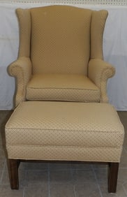 Cherry & Upholstered Wing Back Chair & Ottoman