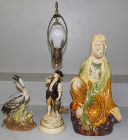 Oriental Pottery Figure of Lady, Porcelain Heron Figurine, & Painted Figural Lamp