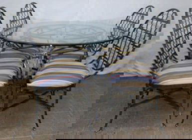 Painted Wrought Iron & Glass Top Table with Four Dining Chairs