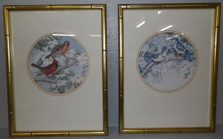 Two Oriental Framed Prints in Gilded Bamboo Frames