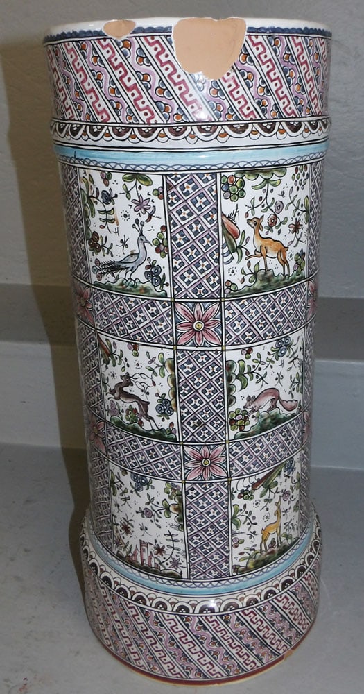 Painted Pottery Umbrella Stand with Chips (1 of 4)