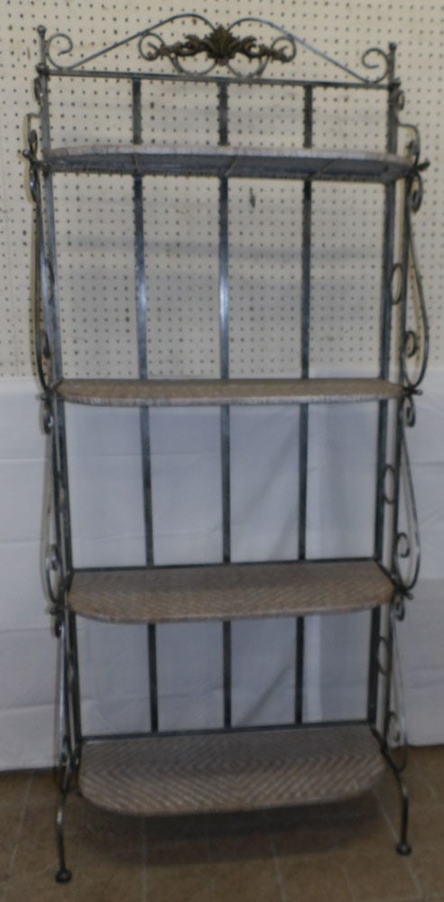 Painted Wrought Iron & Rattan Folding Bakers Rack: Painted Wrought Iron & Rattan Folding Bakers Rack . 74" H 31 1/2" W 14" D ALL DESCRIPTIONS AND ANY CONDITION STATEMENT GIVEN BY LANGSTON AUCTION GALLERY ARE STRICTLY OPINIONS AND LANGSTON'S SHALL HAVE