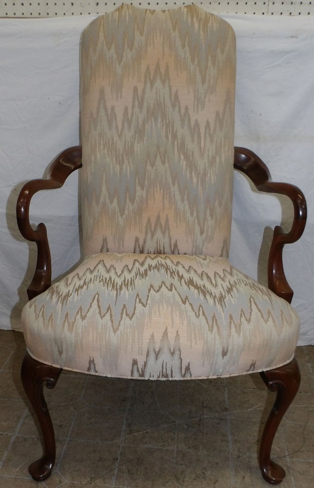 Mahogany & Upholstered Queen Anne Style Arm Chair by Southwood: Mahogany & Upholstered Queen Anne Style Arm Chair by Southwood. 44 1/2" H 26" W 26" D ALL DESCRIPTIONS AND ANY CONDITION STATEMENT GIVEN BY LANGSTON AUCTION GALLERY ARE STRICTLY OPINIONS AND LANGSTON'
