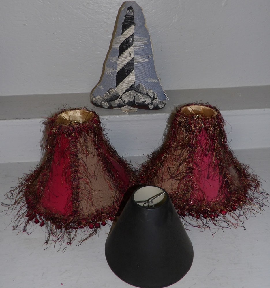 Lot of Lamp Shades & Weighted Upholstered Door Stop: Lot of Lamp Shades & Weighted Upholstered Door Stop. Up to 13 1/4" x 10 1/2" ALL DESCRIPTIONS AND ANY CONDITION STATEMENT GIVEN BY LANGSTON AUCTION GALLERY ARE STRICTLY OPINIONS AND LANGSTON'S SHALL H