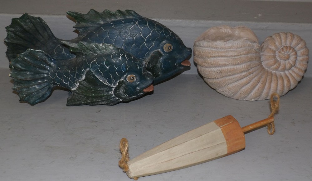 Painted Wood Fish, Painted Wood Buoy, & Resin Shell Planter: Painted Wood Fish, Painted Wood Buoy, & Resin Shell Planter . Up to 9" H 17 1/2" L 6" D ALL DESCRIPTIONS AND ANY CONDITION STATEMENT GIVEN BY LANGSTON AUCTION GALLERY ARE STRICTLY OPINIONS AND LANGSTO