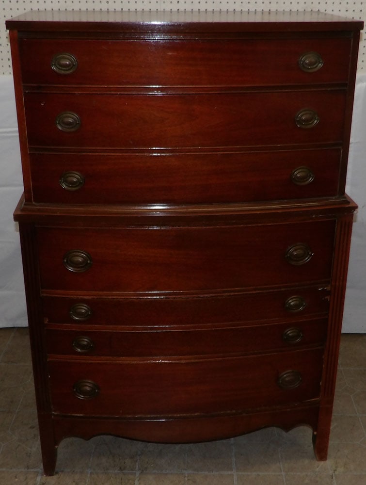 Mahogany Bow Front Six Drawer Chest By Dixie: Mahogany Bow Front Six Drawer Chest By Dixie. 53" H 36 1/2" W 19" D ALL DESCRIPTIONS AND ANY CONDITION STATEMENT GIVEN BY LANGSTON AUCTION GALLERY ARE STRICTLY OPINIONS AND LANGSTON'S SHALL HAVE NO RE