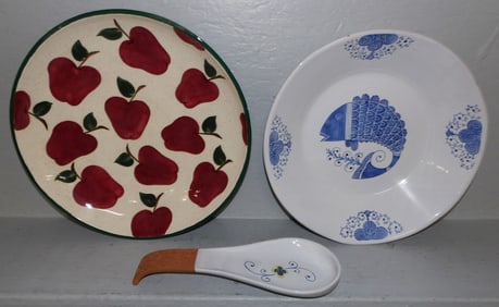 Two Painted Pottery Bowls & Spoon Rest