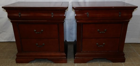 Pair Cherry Three Drawer Night Stands
