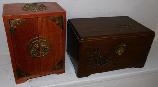 Oriental Brass Bound Teak Wood Jewelry Cabinet & Oriental Teak Wood Box
