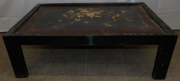 Chinese Carved Wood Lacquered Cocktail Table With Carved Bone High Relief Accents